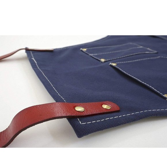 Blue Canvas and Leather Utility Apron with Pockets - Picture 5 of 8